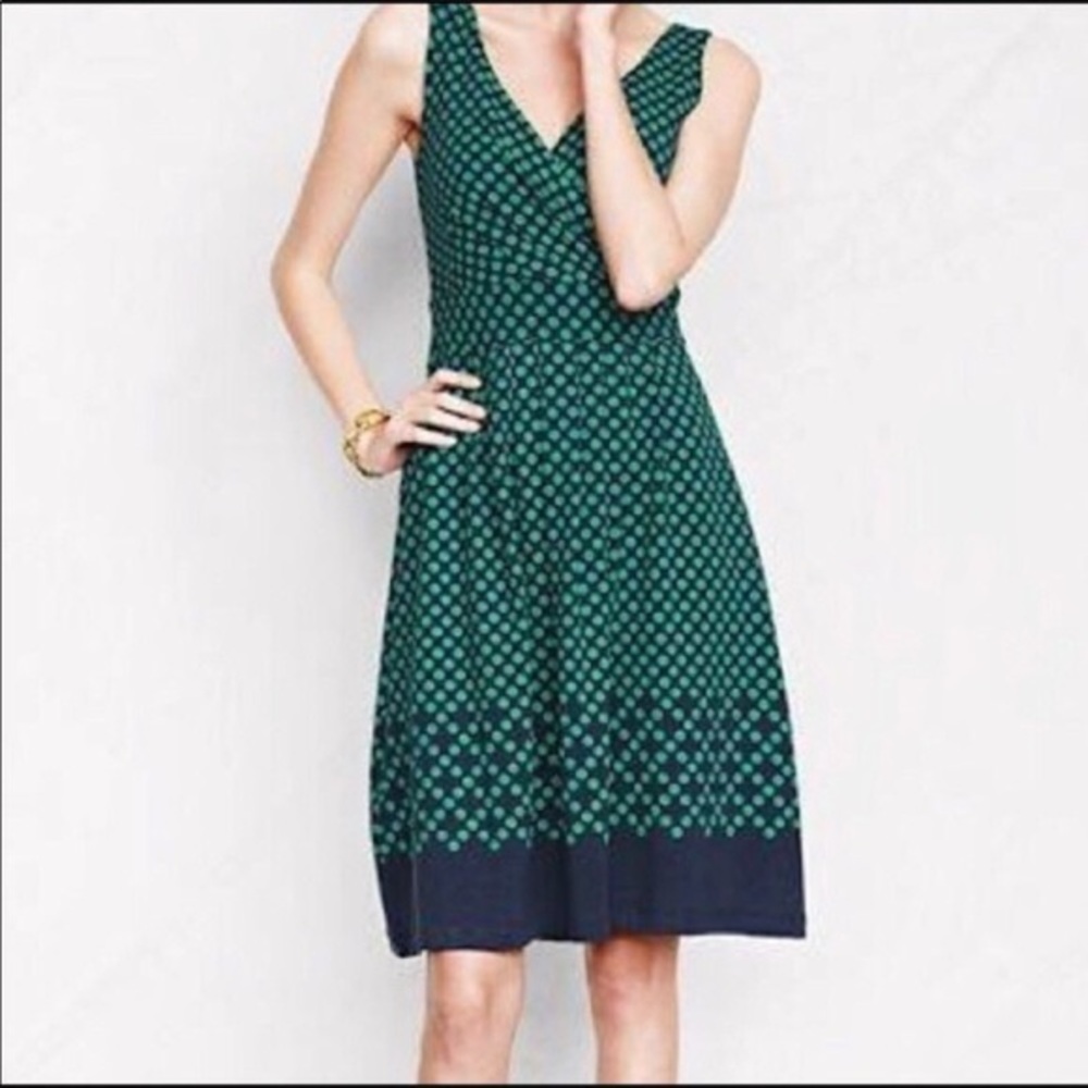 Lands End Sleeveless Polka Dot Green and Navy Dress Size Medium Petite